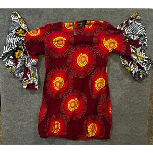 Monsio Couture Liberian Fashion Red African Design Ruffled Sleeve XL